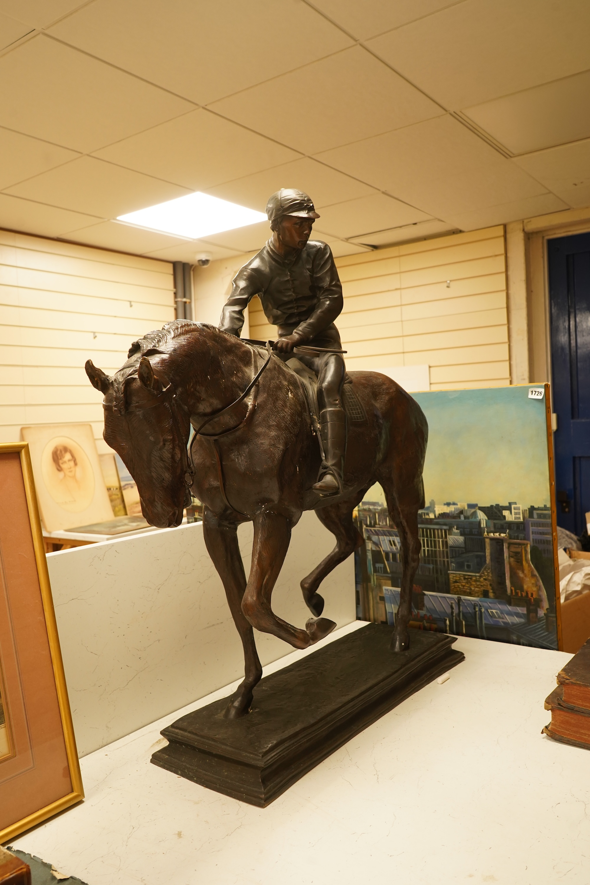 After Isidore Jules Bonheur (1827-1901), a large bronze figure of a jockey on horseback, 90cm tall